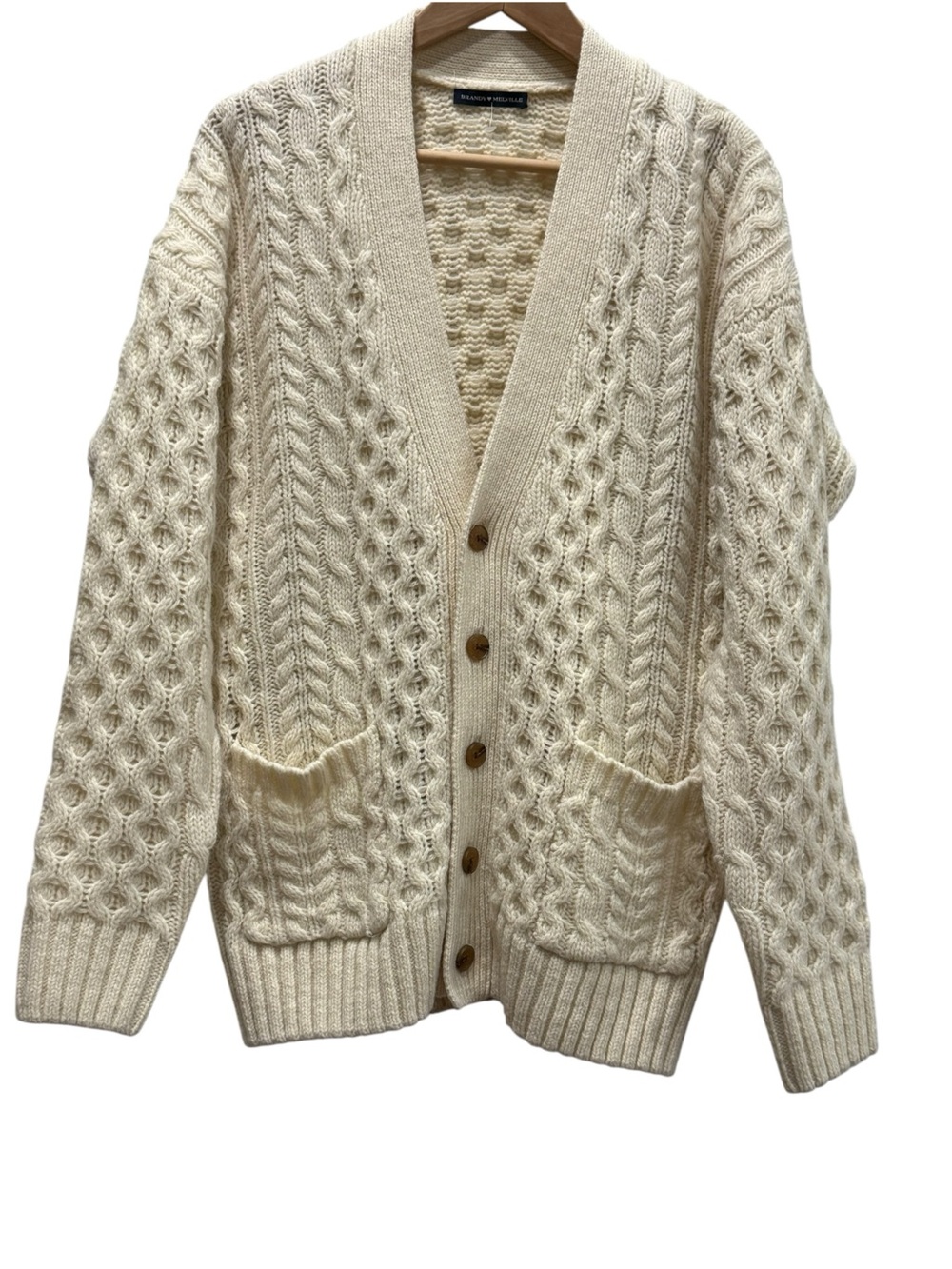 Brandy Melville Chunky Cable Knit Wool Blend Cardigan Sweater Cream Oversized M